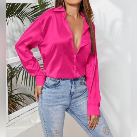 Hot Pink Satin Button Down Blouse - Picture 3 of 6
